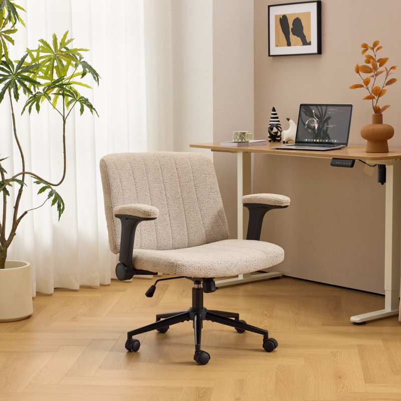Chaise de bureau chenille pivotante rembourrée avec accoudoirs rabattables, chaise de travail réglable, Kaki, Noir