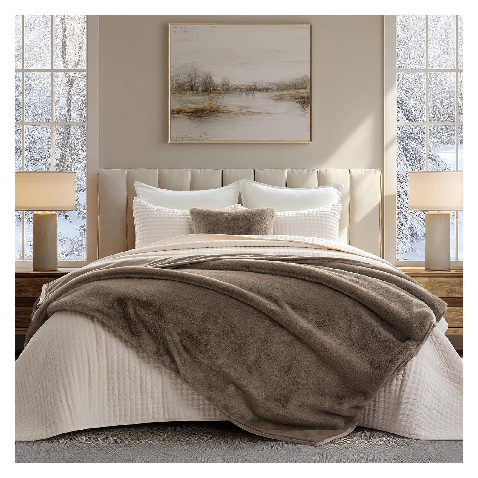 Luxury Mink Faux Fur Throw Blanket, 50" W x 60" L, Natural Tan