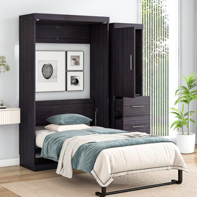 Lit pliant simple avec armoire grise pour le rangement, l'armoire et les tiroirs dans 3 grands rangements pliables