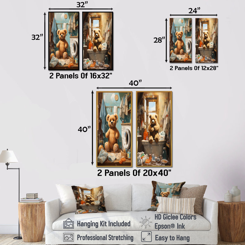 Ensemble de 2 ours Bear Laundryroom Bubbles IV - Laundry Wall Art, H 28 po x l 25 po, Cadre flottant noir