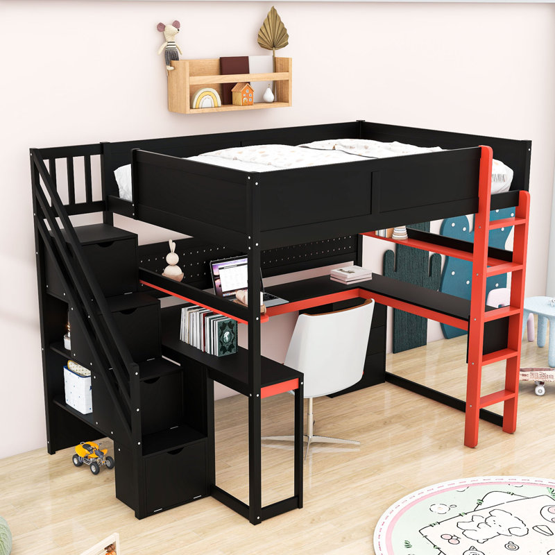Lit mezzanine en bois avec bureau intégré, tablettes et escalier de rangement Esports, Double, Noir rouge