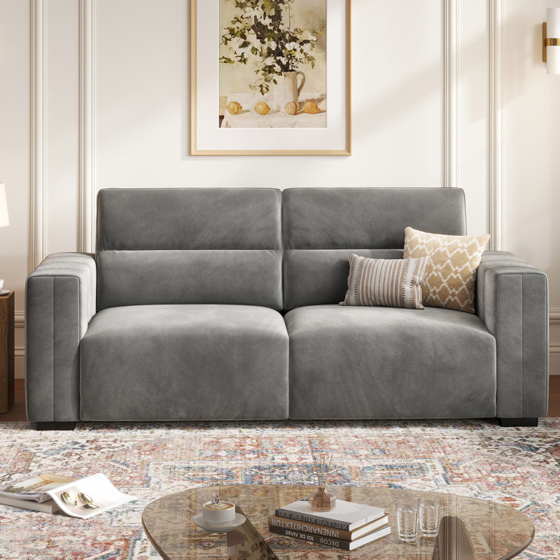 82" Velvet Square Arm Loveseat Sofa, Premium Upholstered Living Room Sofa Couch, Light Grey
