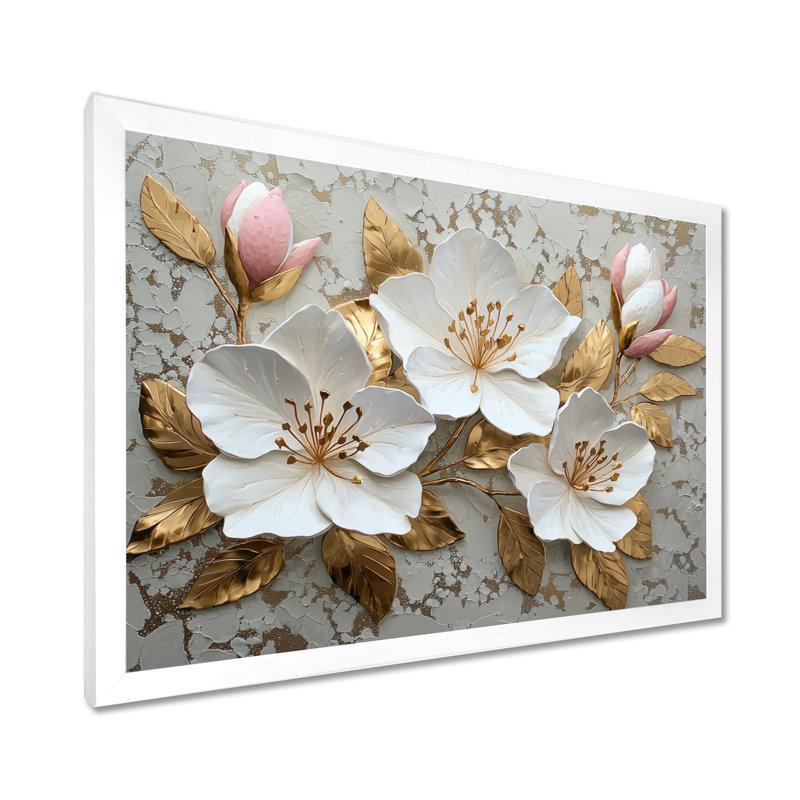 Munawar crème et or rhododendron s Radiant Glow III - art mural sur toile rhododendron, H 16 po x l 32 po, Blanc