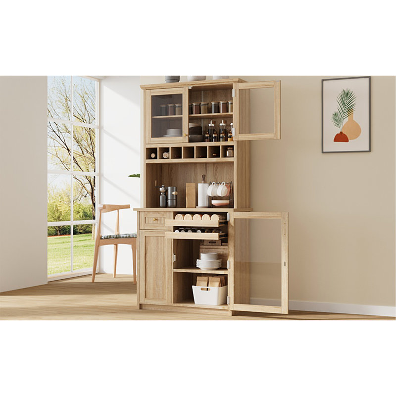 Farmhouse 35.4X17.7X74.8Inch Freestanding Buffet With Hutch, Tall Kitchen Pantry Storage Cabinet With Wine Rack And Adjustable Shelves For Dining Room, Natural