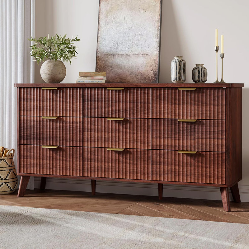 Fluted Dresser for Bedroom with 9 Deep Drawers, 60.6 in Wide Modern Chest of Drawers, Tan