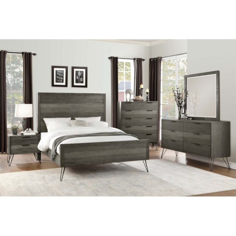 Contemporary California King Bed With Solid Acacia Wood, Metal Legs, And 3-Tone Finish For Modern Bedroom Decor