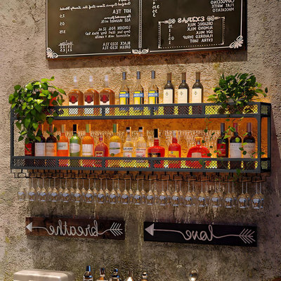 Wall Mounted Wine Bottle Rack With LED Light, Industrial Metal Liquor Shelf With Glass Holder, Wine Bottle Display Shelves For Home Bar, Kitchen, Dining Room, Living Room
