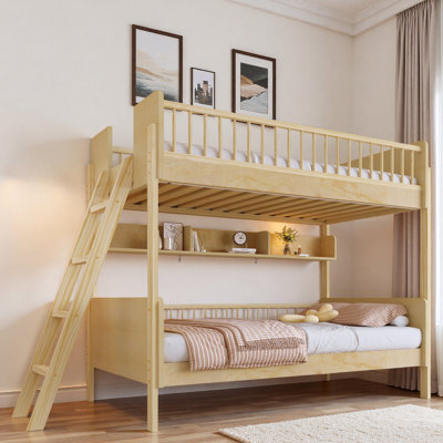 Wooden Bunk Bed With 3 Storage Shelves And Interchangeable Ladder