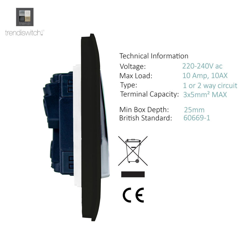 Trendi Switch 4 Gang Light Switch (2x 1 or 2 Way & 2 x Intermediate), Piano Black