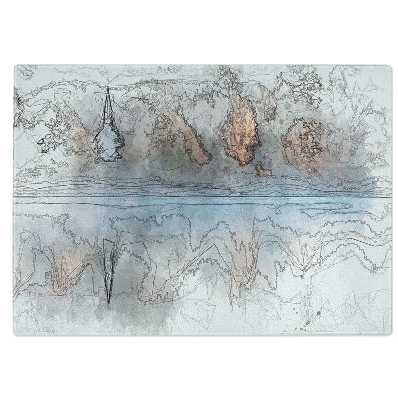 Tempered Glass Church and Forest in the Lake Chopping Board, 39 cm W x 28.5 cm L