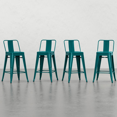 24 Inch Metal Counter Stools   Of 4  - Industrial Look With Curved Back For Extra Comfort Teal Blue Finish Height Stool  4 , Blue, Contemporary Appeal, Ease, Footrest Relief, Stable Cross Brace