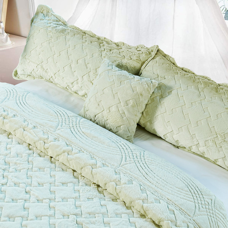 4 Piece Tatami Quilted Faux Fur Set, King Coverlet + 3 Additional Pieces, Light Green