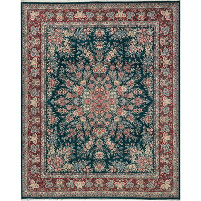 Hand-Knotted High-Quality Green and Wine Area Rug