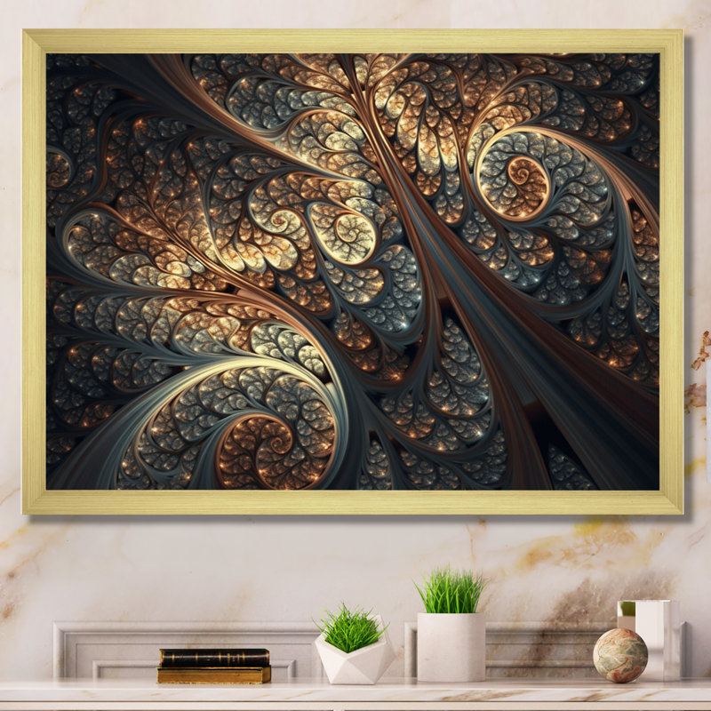 Fusion fractale bleue et orange II - impression, H 34 po x l 44 po x P 1,5 po, Encadrement doré