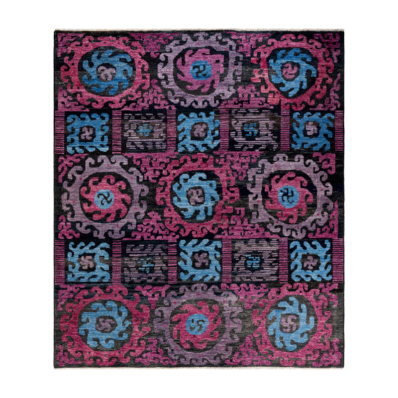 Tapis unique en laine noué à la main 8 pi 1 po x 10 pi 5 po nouvel âge en mauve / bleu / noir