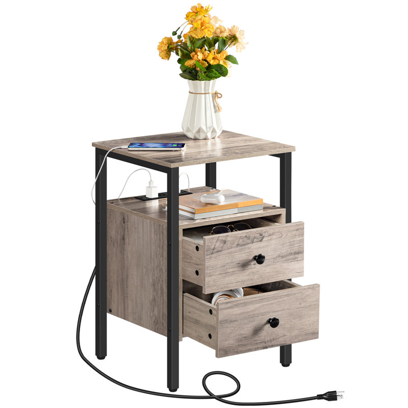 24'' Tall 2 - Drawer Iron Nightstand with Storage and Built-In Outlets, Black/Greige