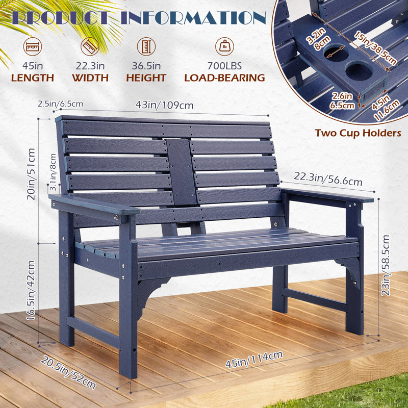 Hdpe All Weather Outdoor Bench With Cup Holders, 2-3 Persons Garden Bench With 700 Lbs Weight Capacity, Patio Benches For Outdoors, Garden, Porch, Backyard And Park