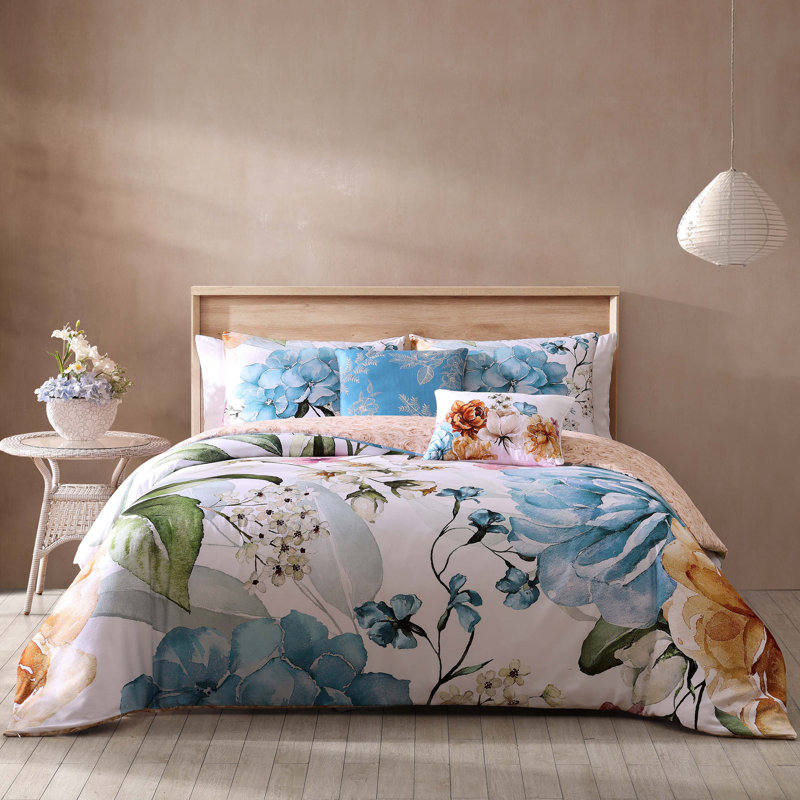 Maia King Blue Cotton Floral Reversible Comforter Set