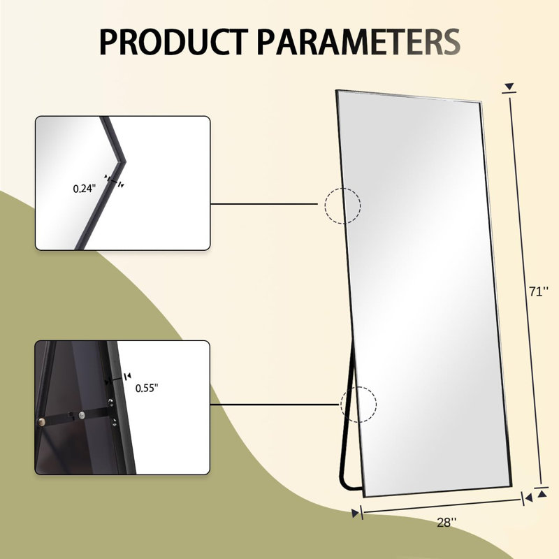 71" x 26", can be hung vertically or against a wall, floor mirror in black