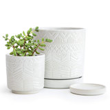 Set of 2 Modern Floral Embossed Ceramic Planter Pots - 4" & 6" with Drainage Hole and Saucer