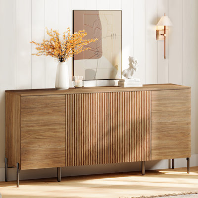 Wooden Reeded Baby Dresser For Bedroom, 61" 4-Door Cabinet For Kids, Mid Century Modern Closet Storage Organizer For Nursery, Living Room, Hallway