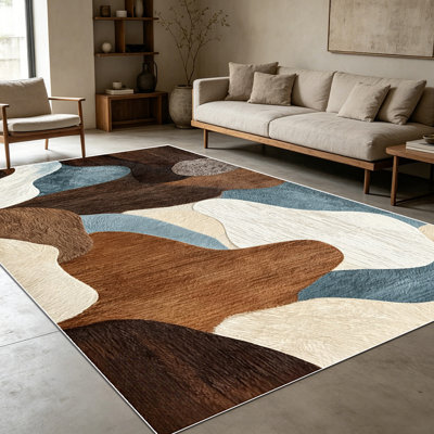 1pièce de tapis de montagne abstrait en terre cuite ondulée neutre, bleu, crème et crème pour le salon, douce et confortable, adaptée à toutes les saisons, facile à entretenir, lavable à la machine, tapis de table sous la table convenant à la salle à manger