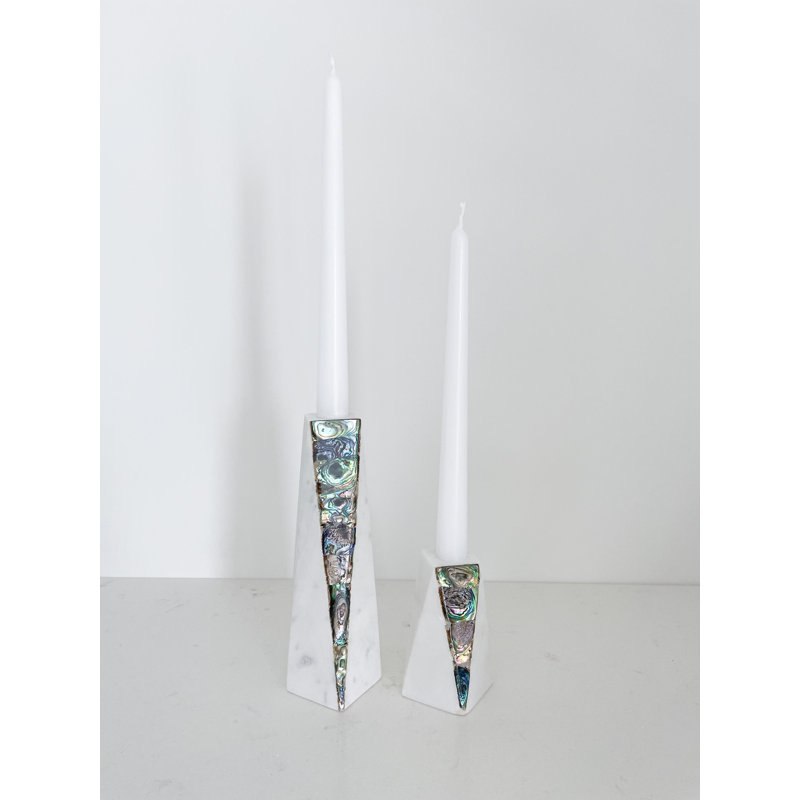 Mother Of Pearl Marble Candlestick, 4" H x 2" W x 2" D