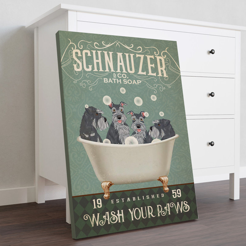 Schnauzer - «Wash Your Paws», toile tendue sur toile - décor pour animal de compagnie, noir et vert