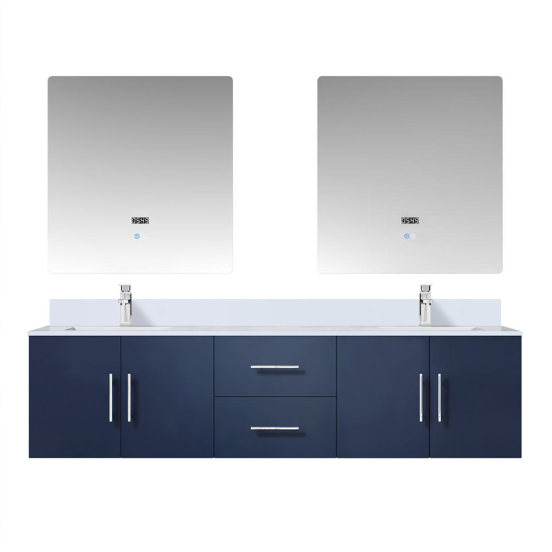 Geneva 72" Wall-Mounted Double Bathroom Vanity Set with Mirror, Navy Blue, White Cultured Marble