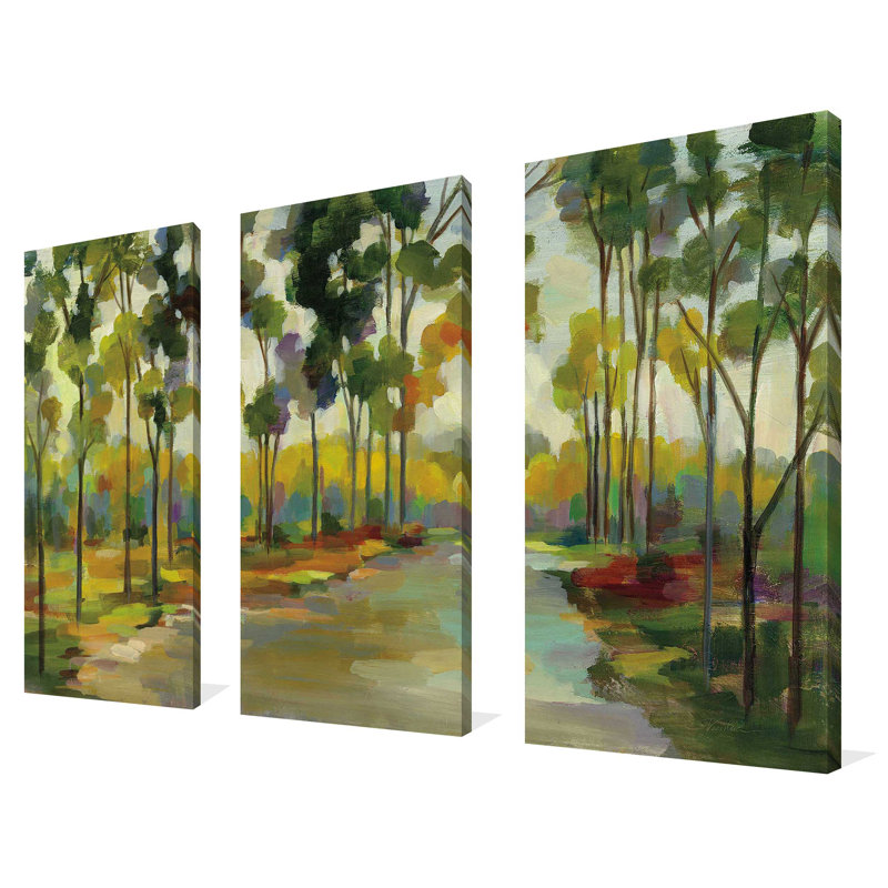 Chemin dans la forêt - ensemble de 3 peintures sur toile tendue, H 32 po x l 48 po x P 0,75 po
