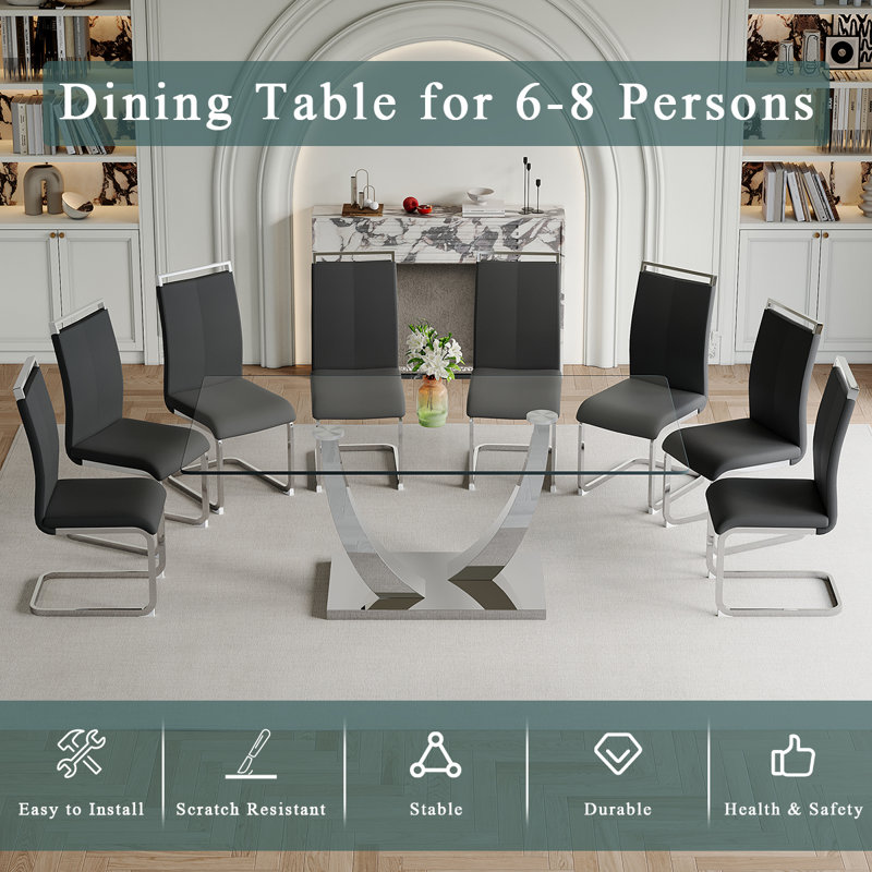 Glass Dining Table Set, Black, 9