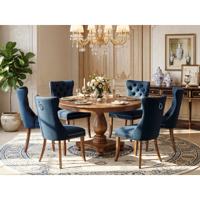 7-Pc Kitchen Dining Table Set Contain a Mid Century Table and 6 Navy Blue Polyester Fabric Chairs with Button-Tufted Back, Antique Walnut