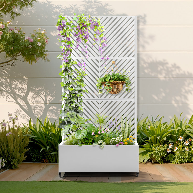 Lit de jardin surélevé avec treillis sur roulettes - Boîte à fleurs polyvalente en métal avec treillis, boîtes à fleurs multi-styles avec écran d'intimité en treillis pour patio et jardin