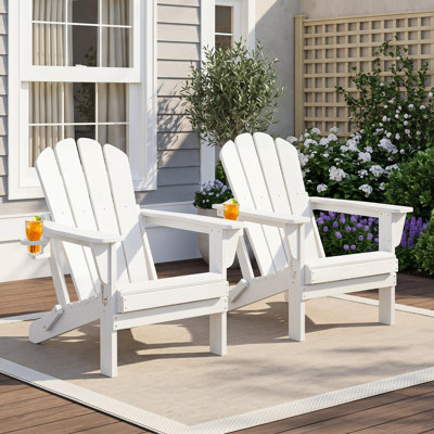 Outdoor Weather-Resistant High Density Polyethylene Foldable Adirondack Chairs with Cup Holder Set of 2