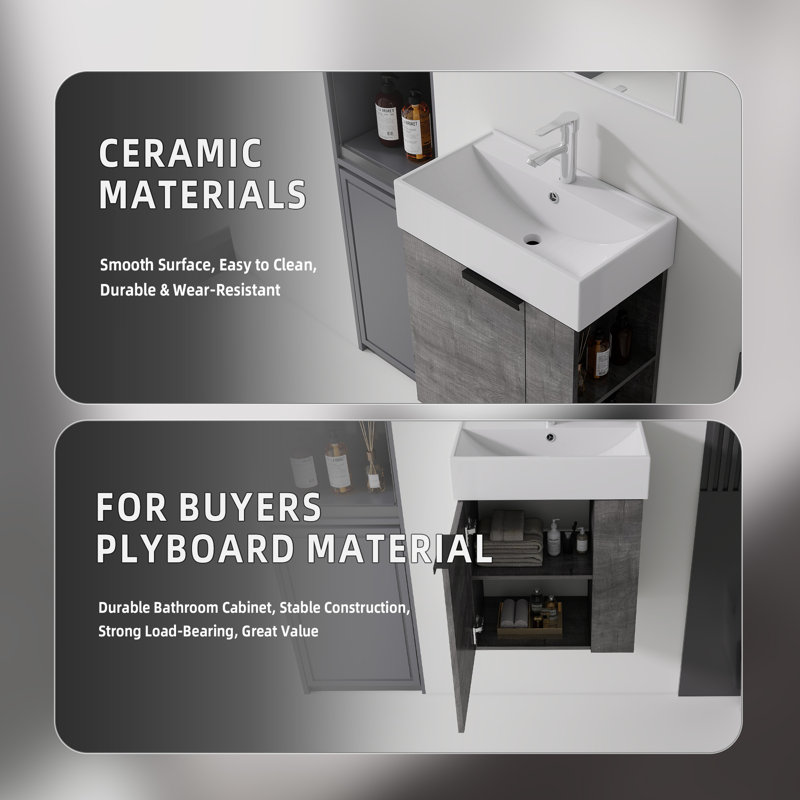 Meuble-lavabo suspendu de 55 cm avec lavabo, armoire murale en contreplaqué, lavabo en céramique, porte à fermeture amortie, rangement latéral, gris