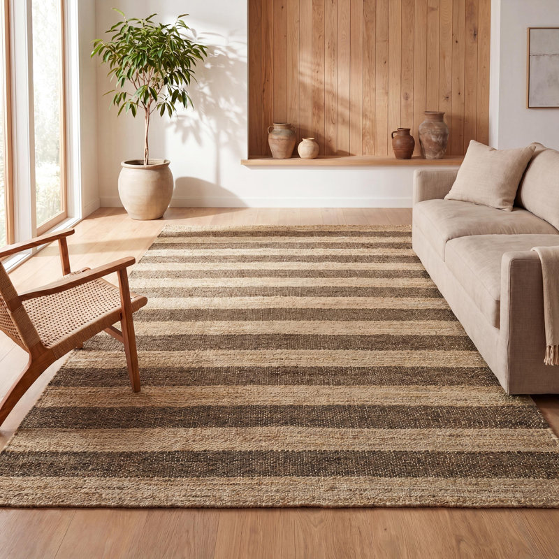 Zemple Rustic Farmhouse Woven Jute Stripe Natural/Brown Rug, Rectangulaire 8 pi x 10 pi
