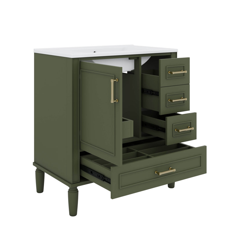 Meuble-lavabo de 30 po avec lavabo en céramique, porte à fermeture en douceur avec tablette intégrée, tiroir profond, tiroir standard, tiroir long