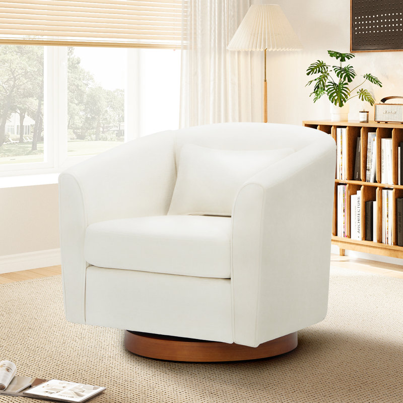 Fauteuil demi-tonneau pivotant avec base en bois massif et coussin décoratif, Mélange de polyester beige