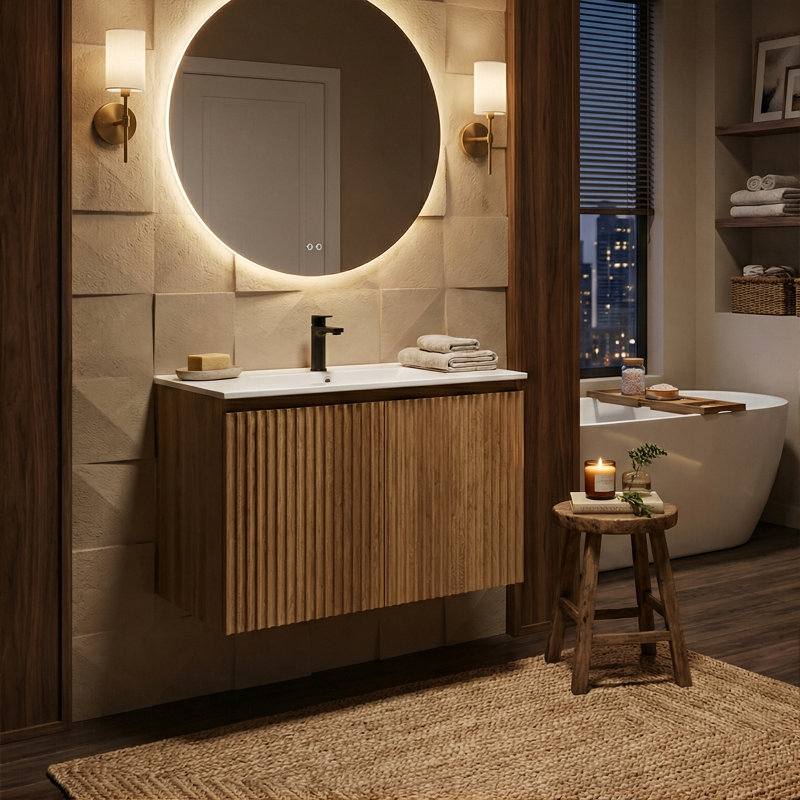 Ensemble de meuble-lavabo flottant moderne 30 po, armoire murale embossée 3D avec plateau en céramique, finition mate écologique (noyer / chêne doré)