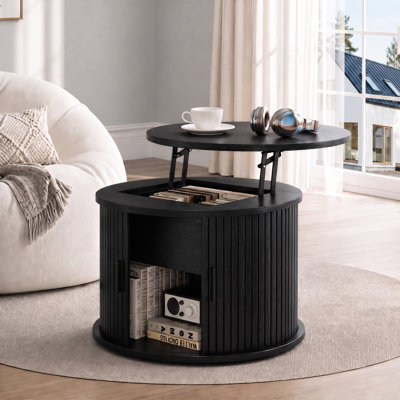 23.6” Round Lift Top Coffee Table With Hidden Storage, Small Drum Coffee Table Tambour Sliding Door, Side Table