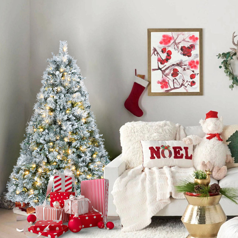 Arbre de Noël enneigé 4 pi avec aiguilles de pin et feuilles d'eucalyptus, 150 lumières DEL blanc chaud, 404 pointes, branches articulées, support en métal - arbre artificiel enneigé pour les Fêtes
