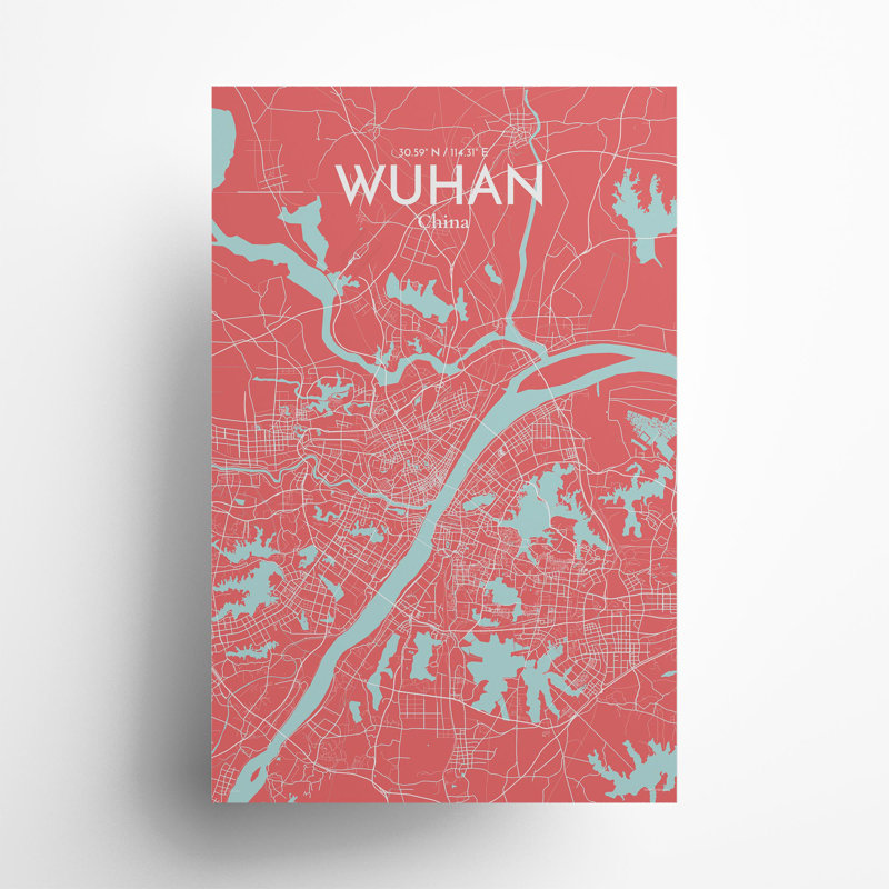 Carte de la ville de Whan, impression, H 17 po x l 11 po, Rose / bleu pastel