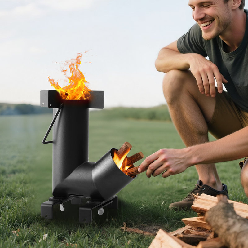 Camping Rocket Stove Wood Burning Portable Rocket Stove Carbon Steel Black