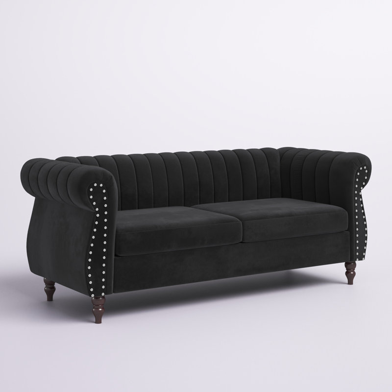 Canapé Chesterfield à accoudoirs roulés en velours 76,4 po Titus, Velours noir