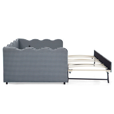 Lit de jour en vichy double avec couchette simple sans sommier, avec port USB et adorable tissu en forme de vague