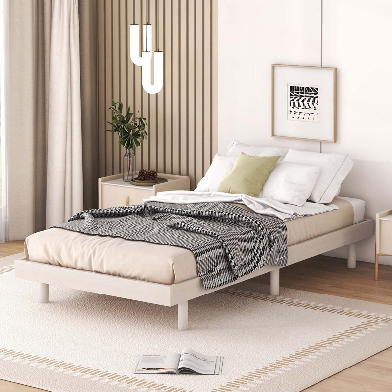Floating Platform Bed Frame, White Washed, Twin