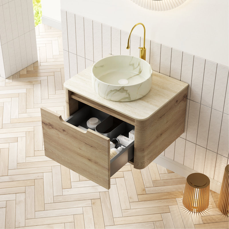 Meuble-lavabo de 24 po avec lavabo, armoire de rangement flottante en contreplaqué avec tiroir, lavabo en céramique à motif de pierre et plateau en pierre frittée à motif de travertin, pré-assemblé, couleur grain de bois de chêne blanc