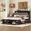 Grand lit plateforme en bois de pin avec tablettes de tête de lit, 4 tiroirs et amp; Range-chaussures - aucun sommier nécessaire, espresso pour la chambre principale