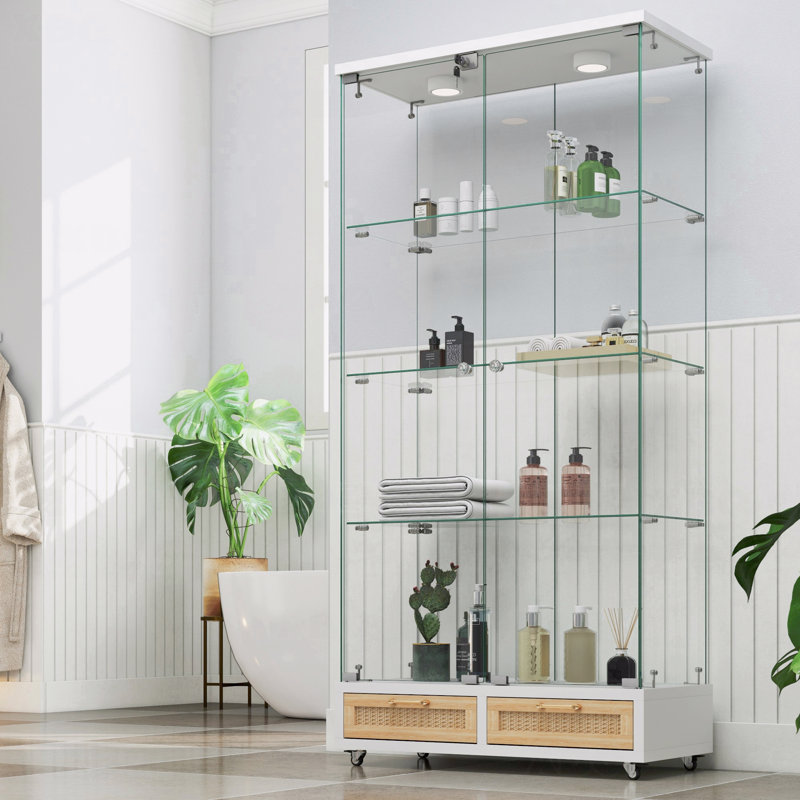 Armoire de rangement vitrée moderne à 2 portes avec grands tiroirs, armoire antique à assemblage rapide avec lumières à DEL, bibliothèque en verre Empered, étui de rangement avec 4 tablettes