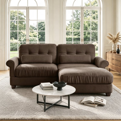 69" Brown Chenille Loveseat with Ottoman, Ruffled Cushion & Lumbar Pillows